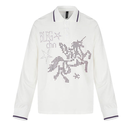 Ladies Long Sleeve Polo Shirt with Rhinestone Application and Contrasting Cuffs EVA-US