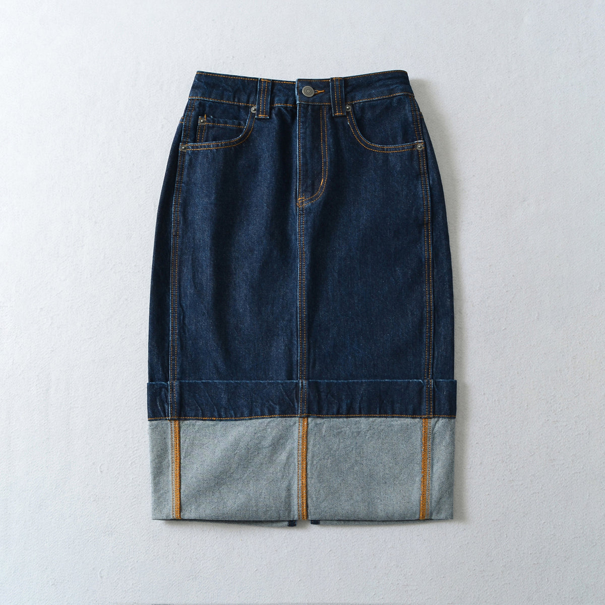 Women's High-Waisted Midi Skirt Made of Denim with Visible Seams and Turned-Up Hem EVA-US