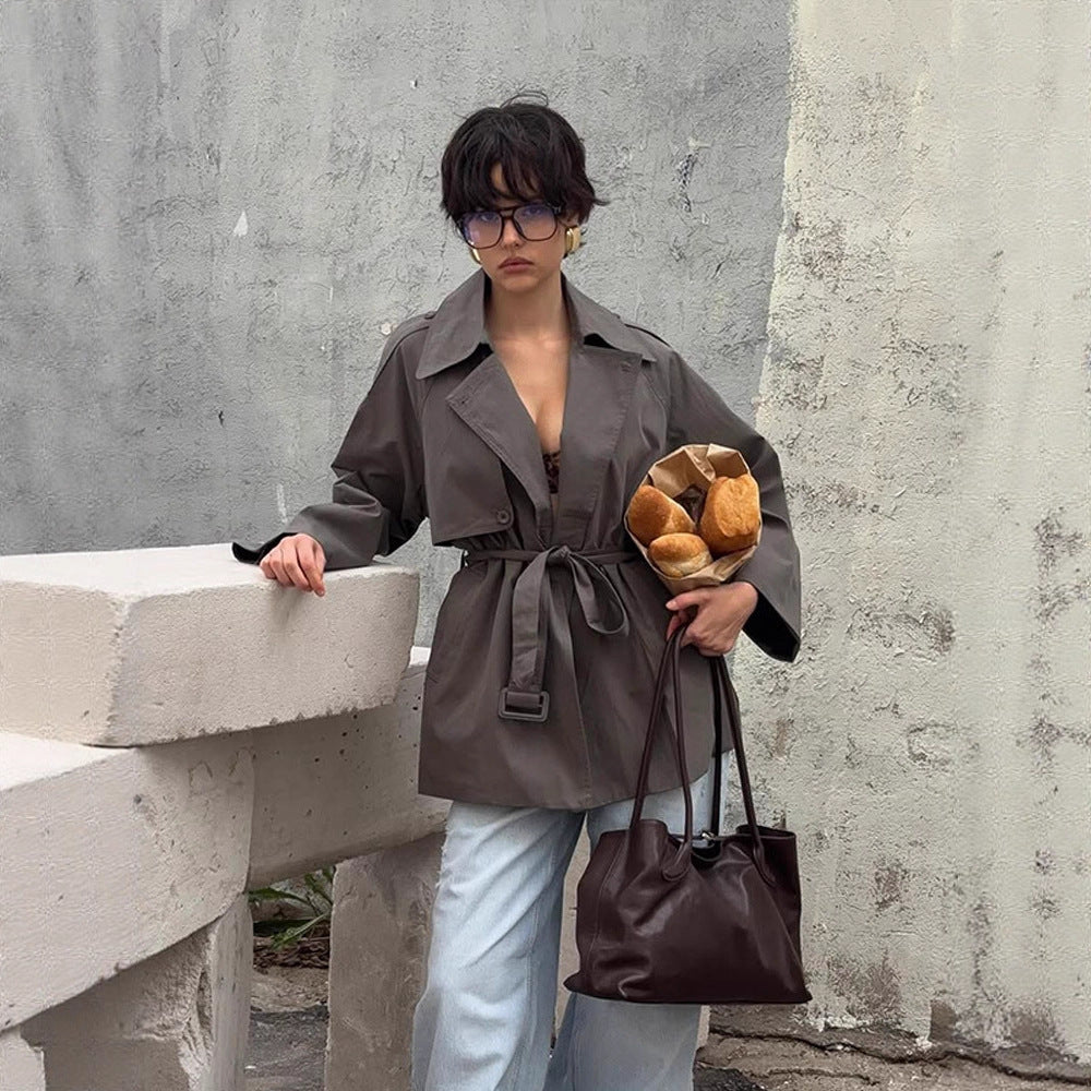 Women Short Trench Coat with Tied Belt and Oversized Sleeves EVA-US
