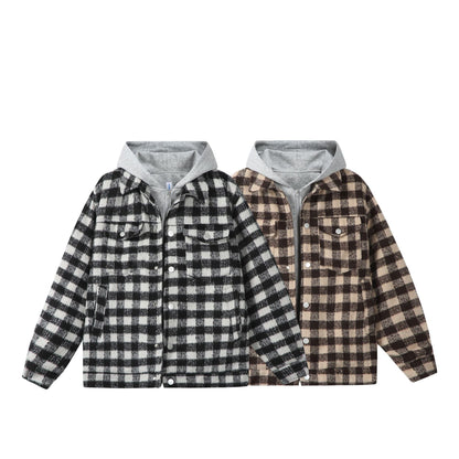 Women's short jacket in shacket style with checked wool look and integrated sweat hood EVA-US