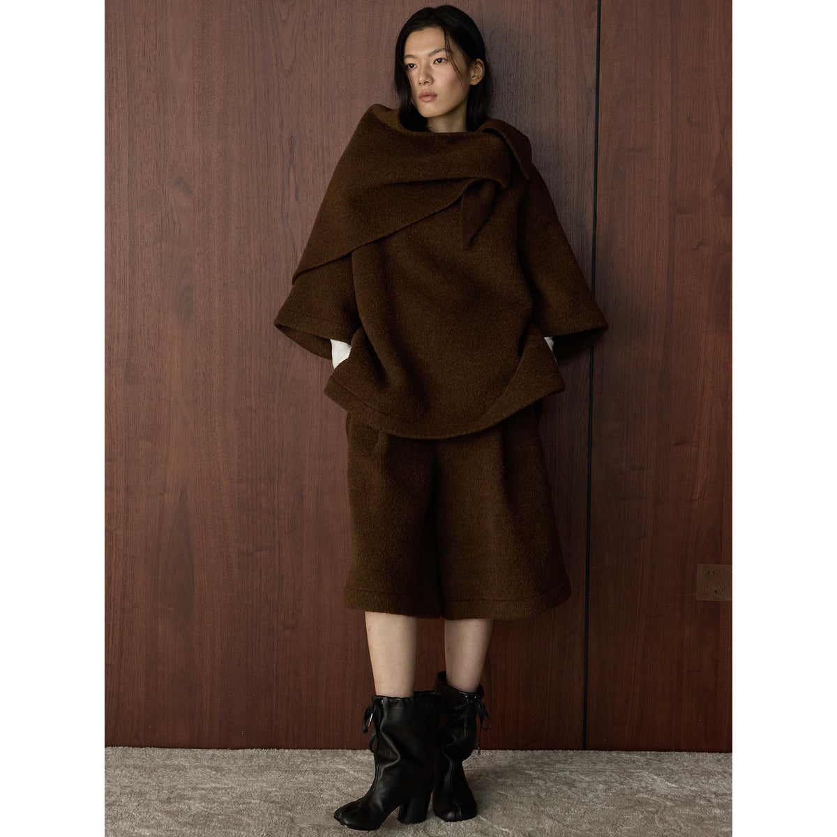 Women's Voluminous Hooded Coat made of Boucle Wool Mix with Draped Front EVA-US