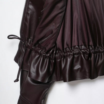 Women's Oversized Faux Leather Bomber Jacket with Funnel Neck, Drawstring Waist, and Flap Pockets EVA-US