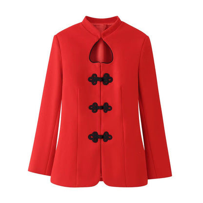 Women's short jacket in mandarin style with drop neckline and decorative knot closures EVA-US
