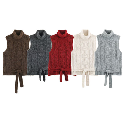 Women's Sleeveless Cable Knit Vest with Roll Neck and Ties EVA-US