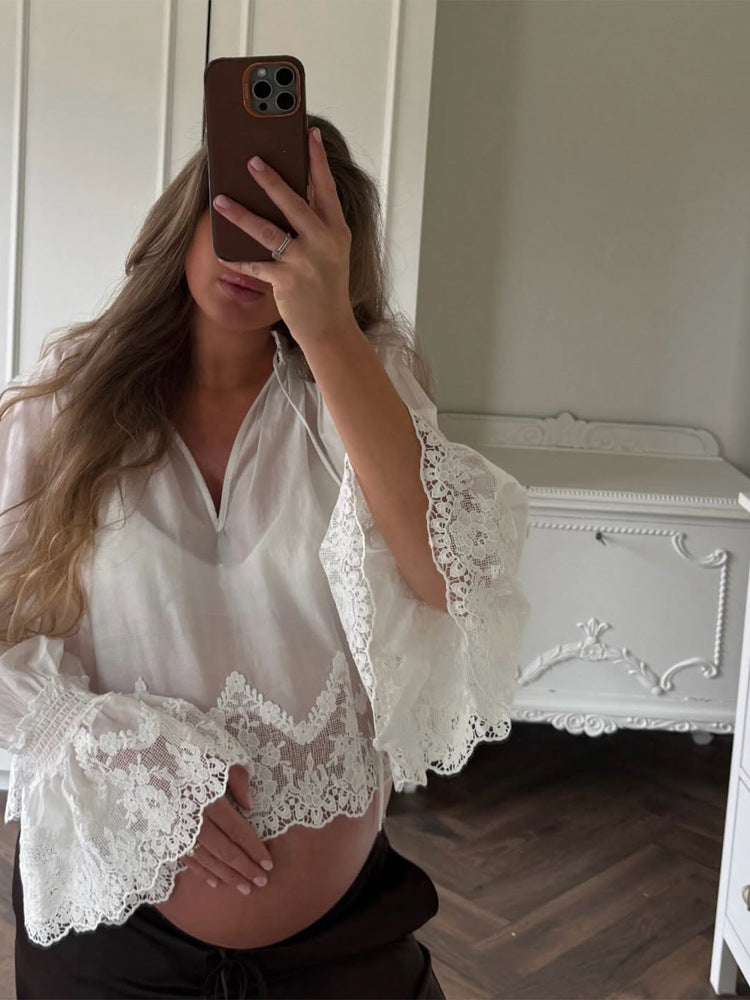Women's Transparent Lace Blouse Top with Bell Sleeves and Crochet Trim EVA-US