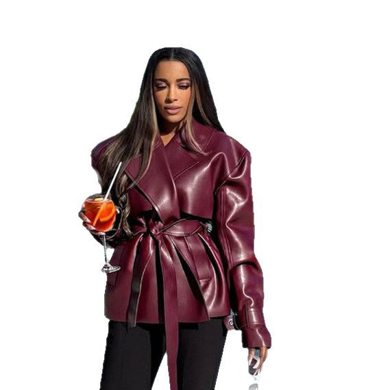 Women Tailored Faux Leather Blouson with Tie Belt and Voluminous Shoulder Section EVA-US