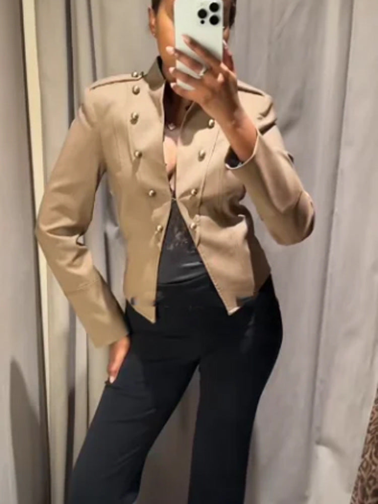 Ladies short blazer in military style with double-breasted decorative buttons EVA-US