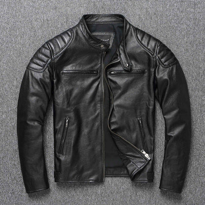Men's leather jacket in vintage biker style with chest pockets and zipper EVA-US