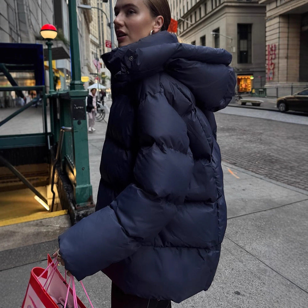 Women's Oversize Quilted Puffer Jacket with Removable Hood and Two-Way Zipper EVA-US