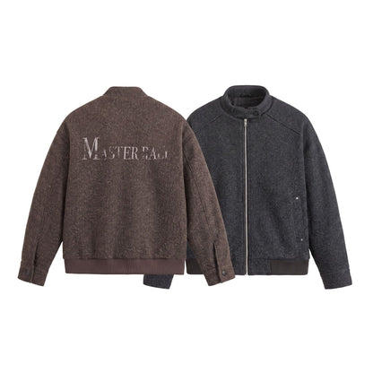 Men's Short Boxy Wool Mix Bomber with Stand-Up Collar and Ribbed Hem EVA-US