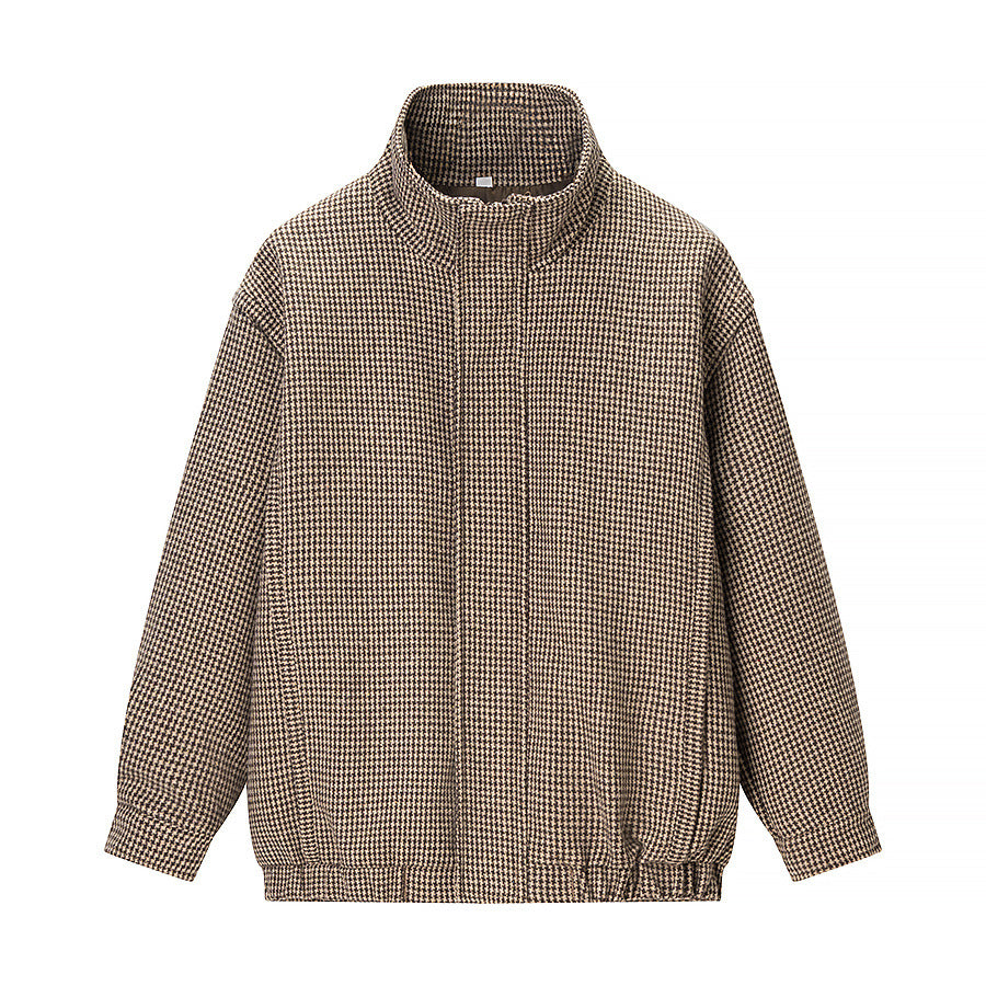 Women's transitional jacket in houndstooth pattern with stand-up collar and elastic hem