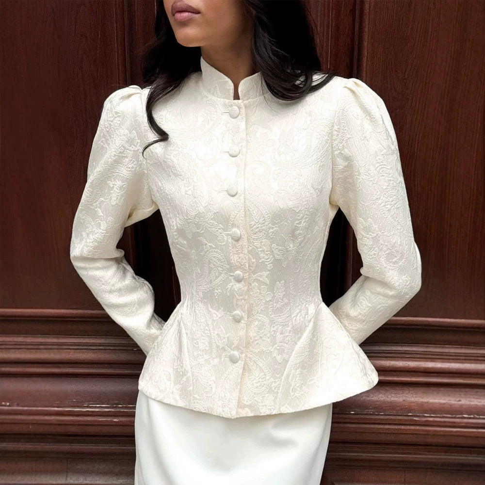 Women's tailored jacquard blouse with stand-up collar and decorative button placket EVA-US