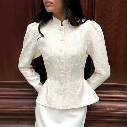 Women's tailored jacquard blouse with stand-up collar and decorative button placket EVA-US