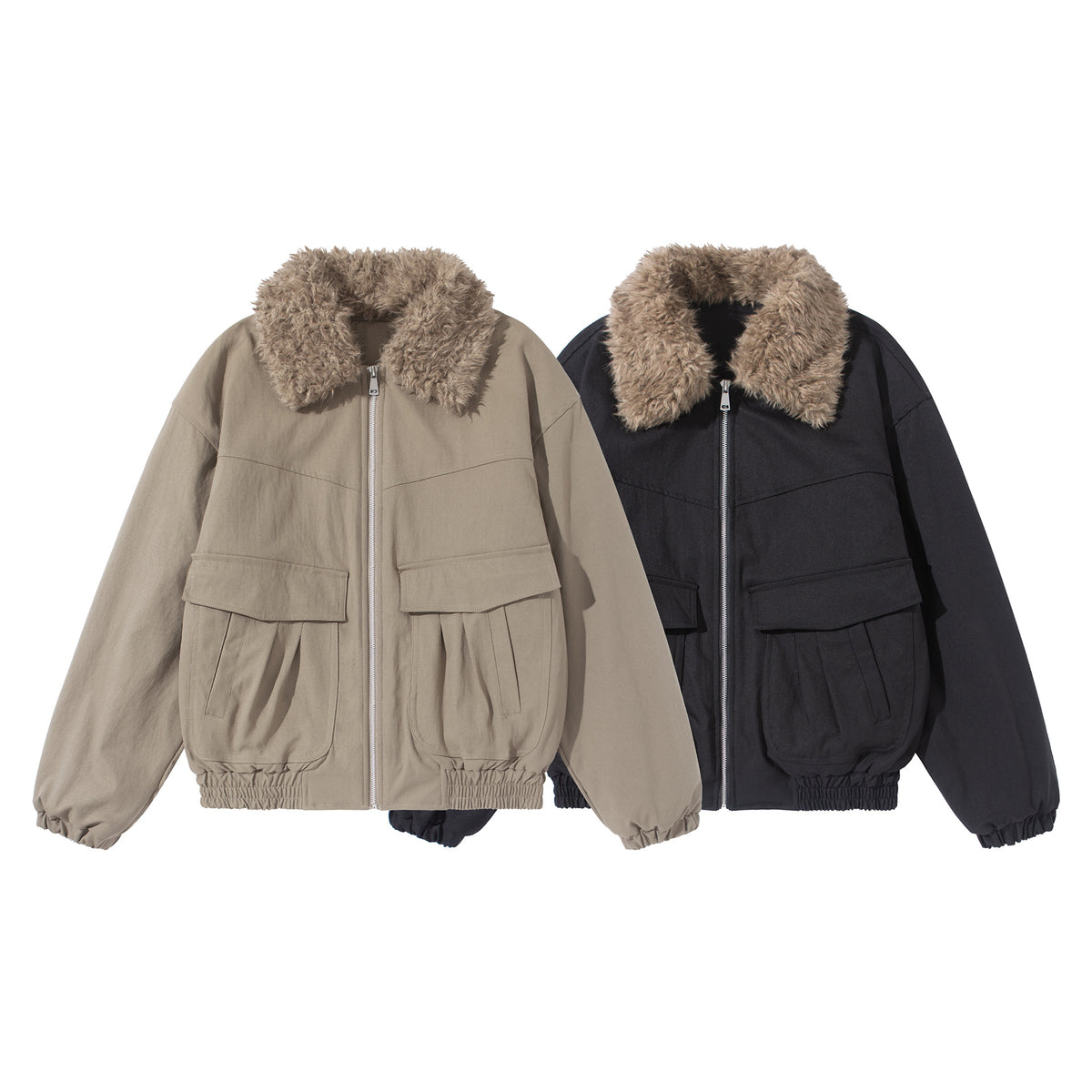 Women's short jacket with voluminous faux fur collar, kangaroo pockets, and elastic hem EVA-US