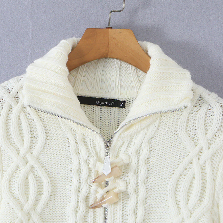Ladies short knitted cardigan with stand-up collar, cable pattern, wooden button toggles and pockets EVA-US