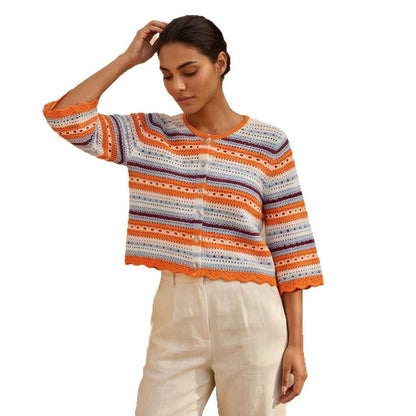 Women’s crocheted short jacket with shell hem, 3/4 sleeves & fine lace pattern EVA-US