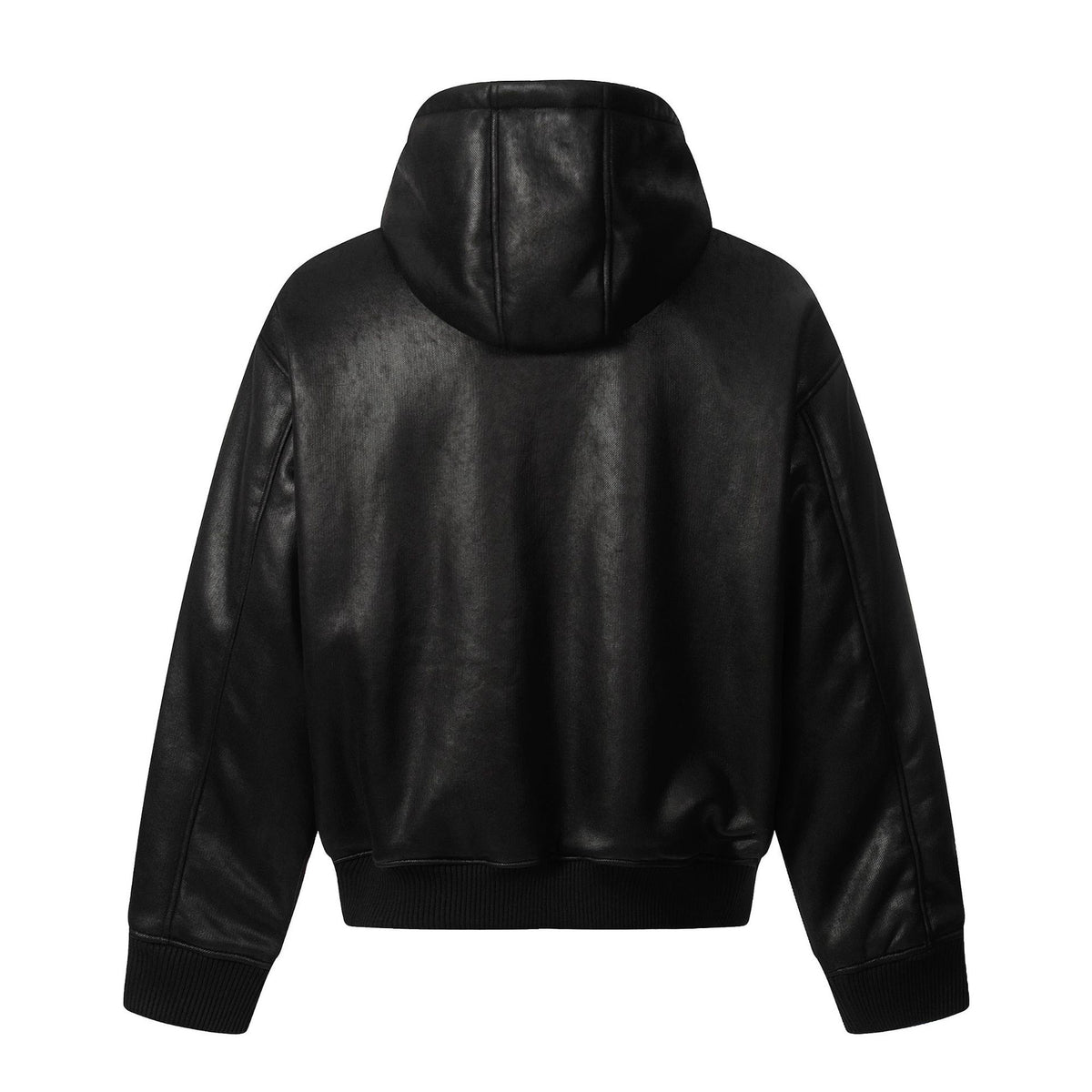 Men's hooded leather jacket with teddy lining and ribbed cuffs EVA-US