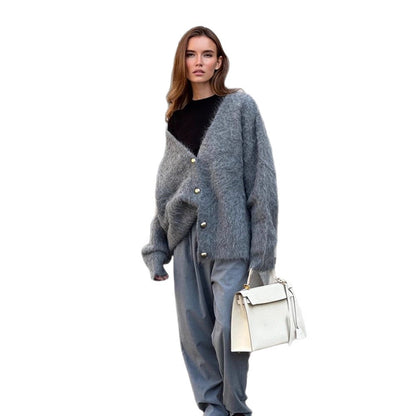 Women Fluffy Mohair-Optics Oversize Cardigan with V-Neck and Golden Decorative Buttons EVA-US