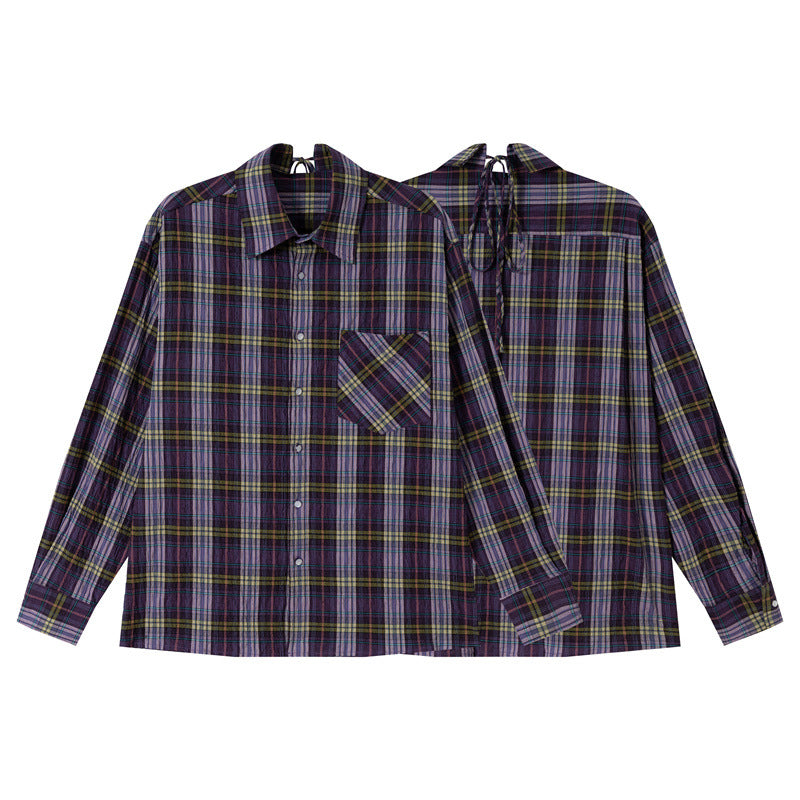 Women's Oversize Check Blouse made of light cotton blend with diagonal chest pocket detail EVA-US