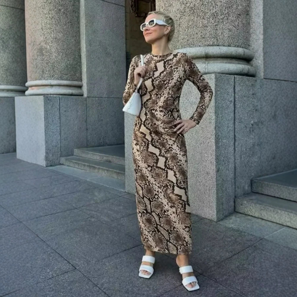 Women's Figure-Hugging Midi Dress with Snake Print, Tailored Draping and Long Sleeve Cut EVA-US