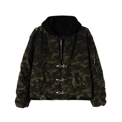 Men's Camouflage Utility Bomber Jacket with Hood, Distressed Details and Hook Closure EVA-US