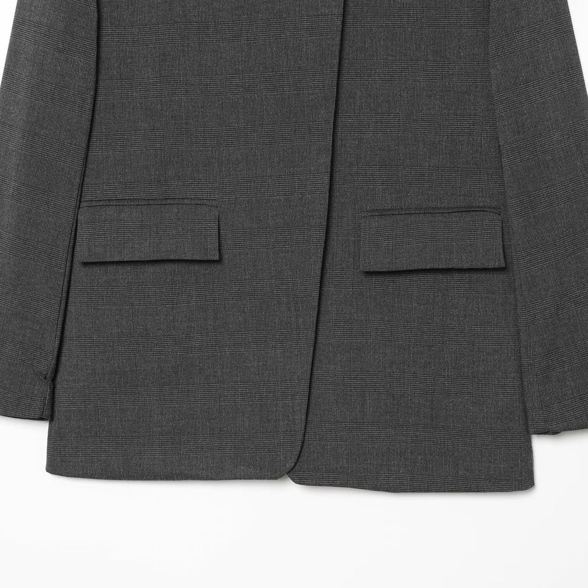 Women Checked Long Blazer with Stand Collar, Concealed Button Placket and Flap Pockets EVA-US