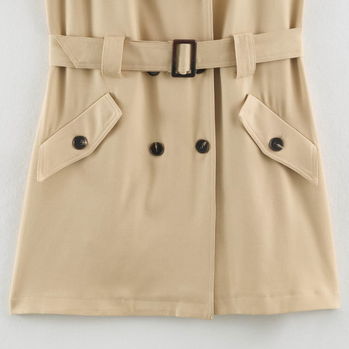 Women's Sleeveless Tailored Trench Dress with Tie Belt and Flap Pockets EVA-US