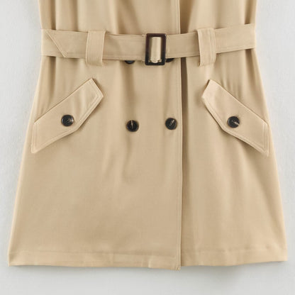 Women's Sleeveless Tailored Trench Dress with Tie Belt and Flap Pockets EVA-US