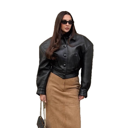 Women's short jacket made of vegan leather imitation in boxy cut with oversized shoulders and hidden button placket EVA-US