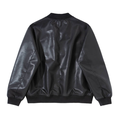Men's smooth leather bomber jacket with concealed front and elastic ribbed cuffs