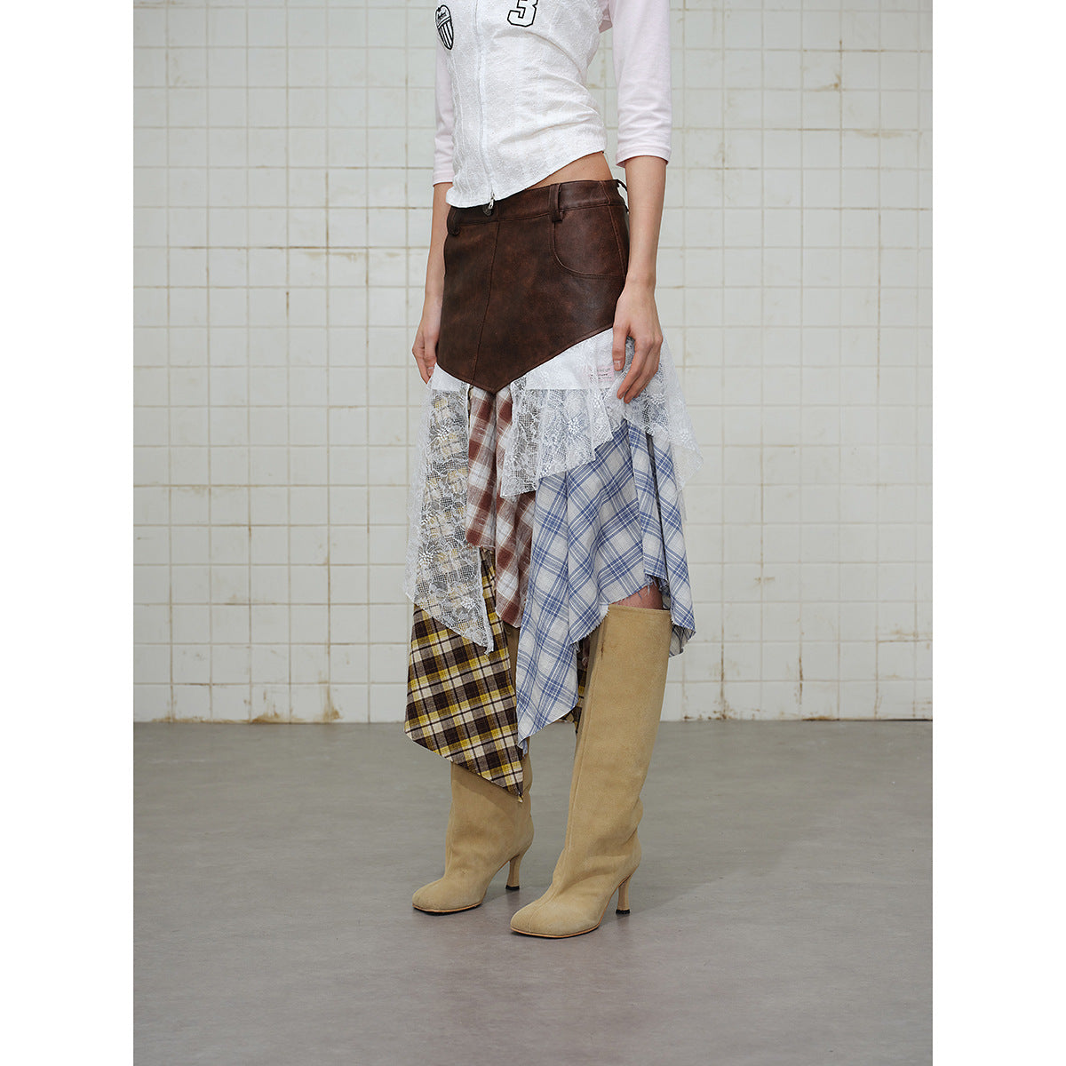 Women Asymmetrical Layered Skirt with Faux Leather Waistband and Plaid Mix EVA-US