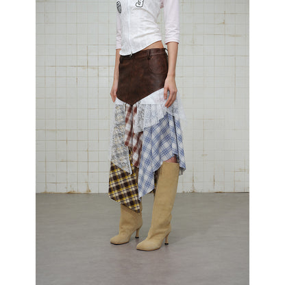 Women Asymmetrical Layered Skirt with Faux Leather Waistband and Plaid Mix EVA-US
