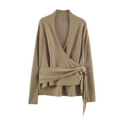 Women's wrap knit sweater with belt ring and deep V-neck EVA-US