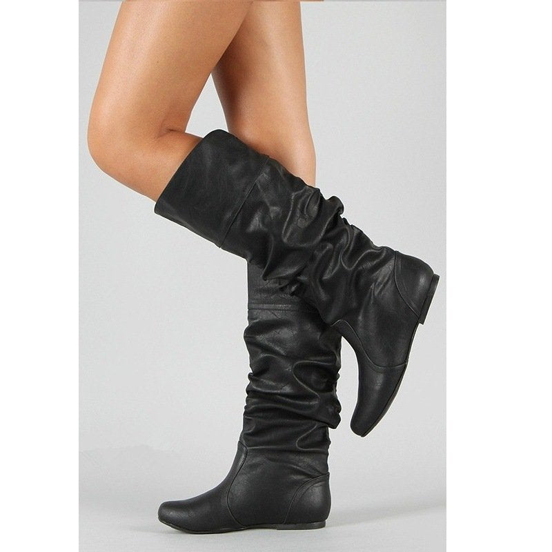 Women's casual knee-high slouch boots with flexible shaft and flat heel EVA-US