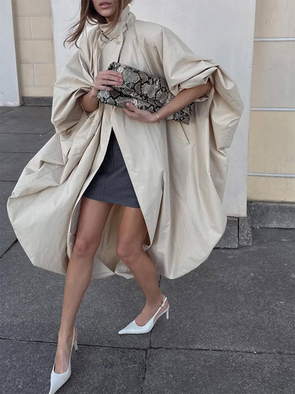 Women Oversize Cape Coat with Stand-Up Collar and Balloon-Shaped Silhouette EVA-US