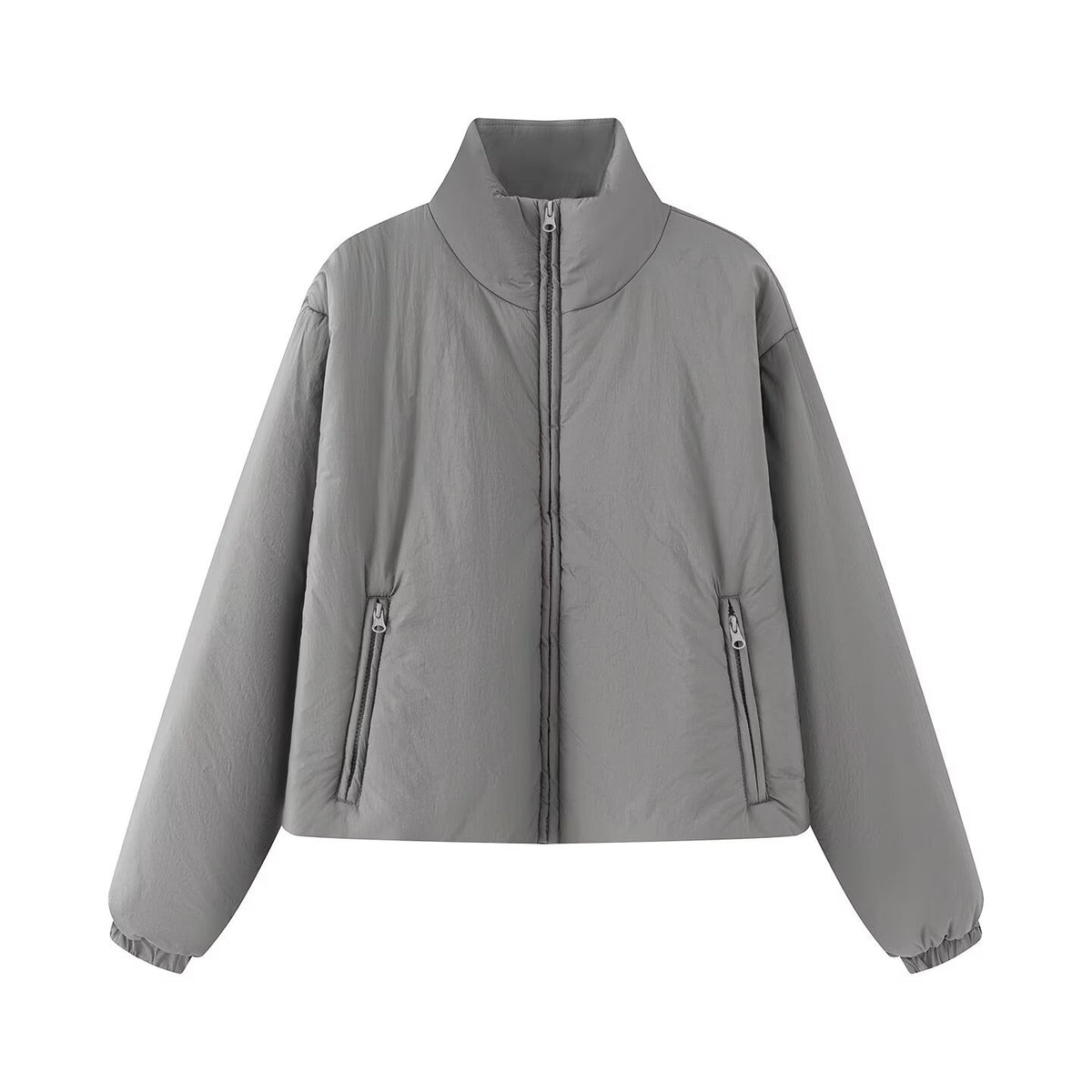 Women's Short Quilted Jacket with High Stand-Up Collar and Zipper Pockets EVA-US