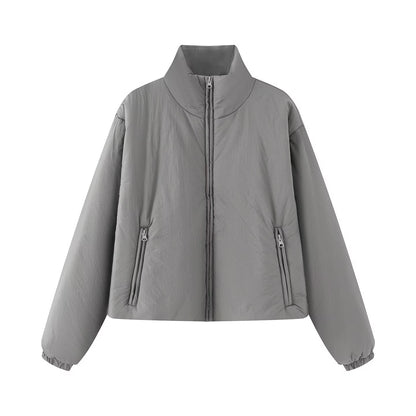 Women's Short Quilted Jacket with High Stand-Up Collar and Zipper Pockets EVA-US