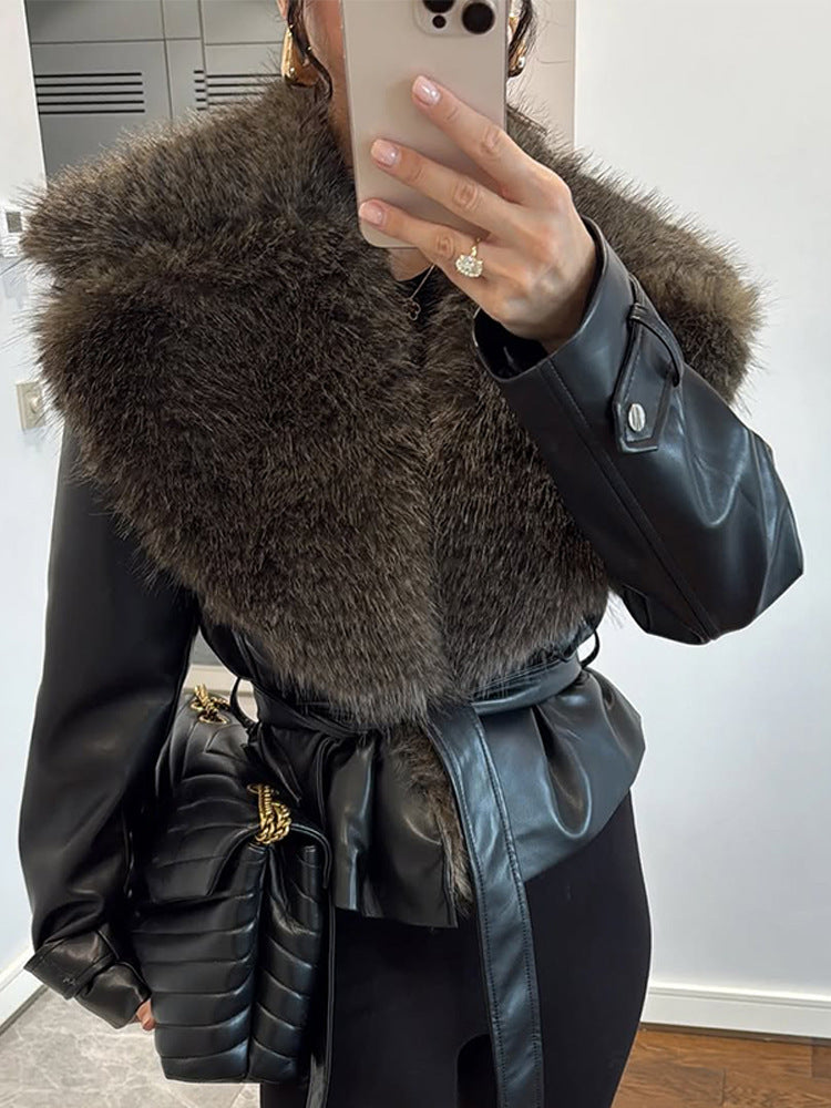 Women's tailored faux leather jacket with voluminous faux fur shawl collar and tie belt EVA-US