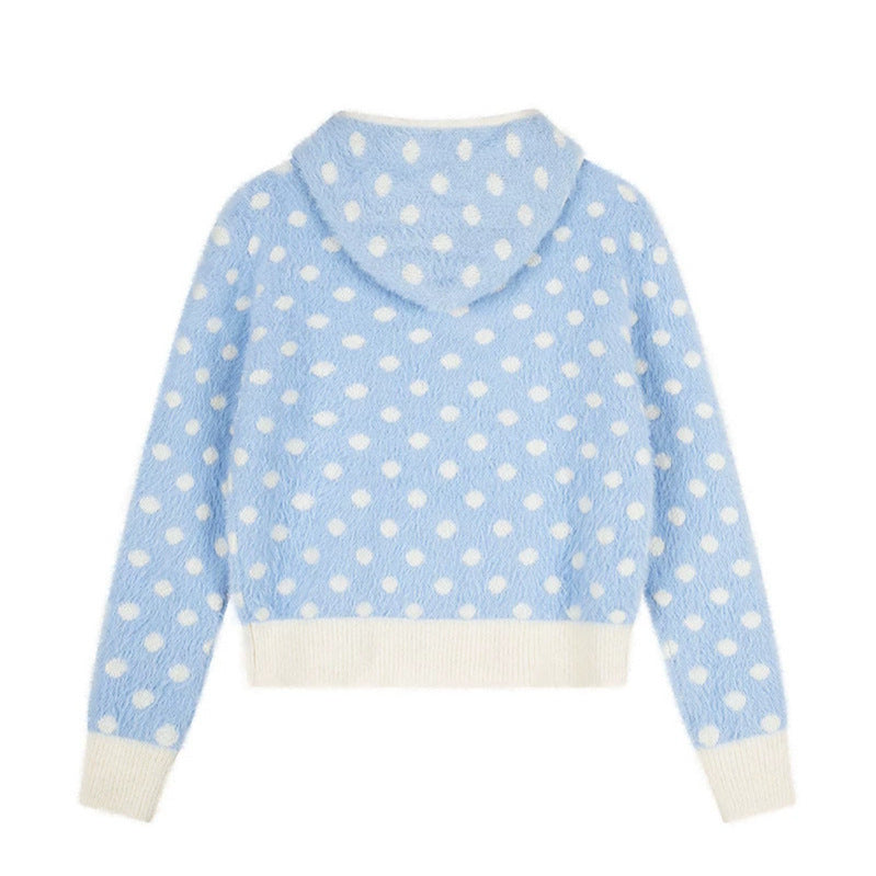 Women Fluffy Hooded Zip Jacket with Polka Dot Jacquard and Pockets EVA-US