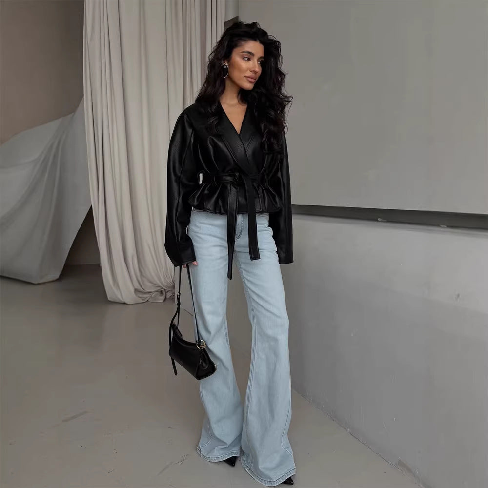 Women's Tailored Faux Leather Jacket with Peplum, Tie Belt & Shawl Collar EVA-US