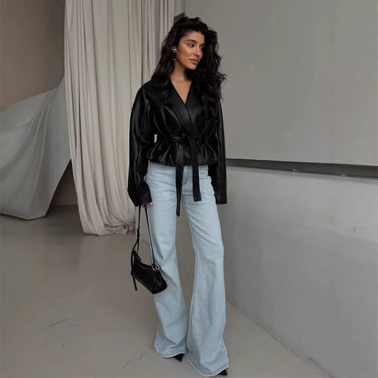 Women's Tailored Faux Leather Jacket with Peplum, Tie Belt & Shawl Collar EVA-US