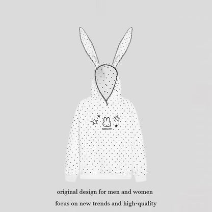 Women's Oversized Hoodie with Bunny Ears, Polka Dot Allover and Kangaroo Pocket