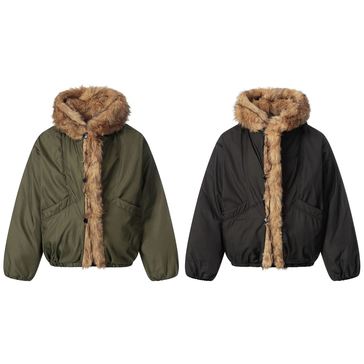 Ladies short jacket with faux fur trimmed hood and braided fur trim EVA-US