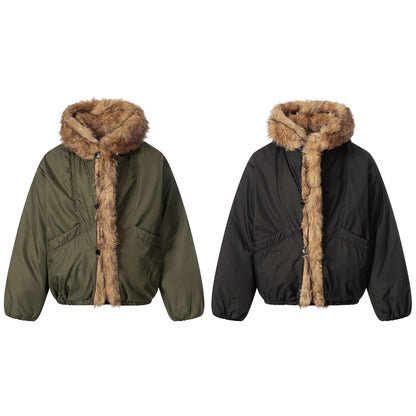 Ladies short jacket with faux fur trimmed hood and braided fur trim EVA-US