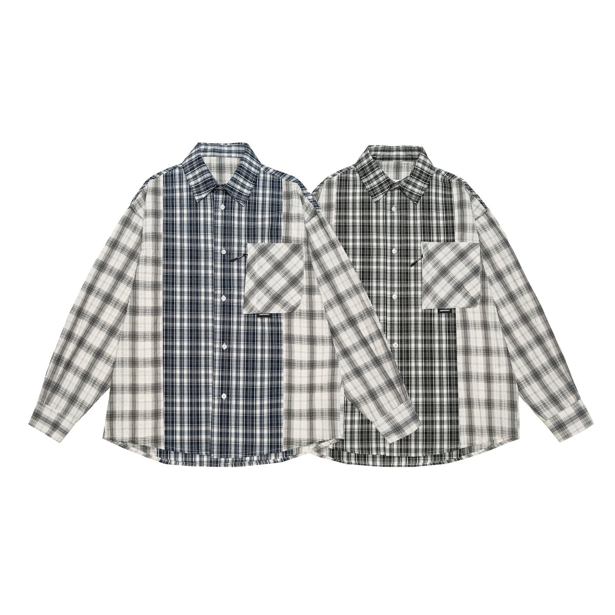 Unisex Oversized Shirt Jacket with Patchwork Check Pattern and Rounded Hem EVA-US