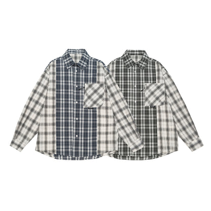 Unisex Oversized Shirt Jacket with Patchwork Check Pattern and Rounded Hem EVA-US