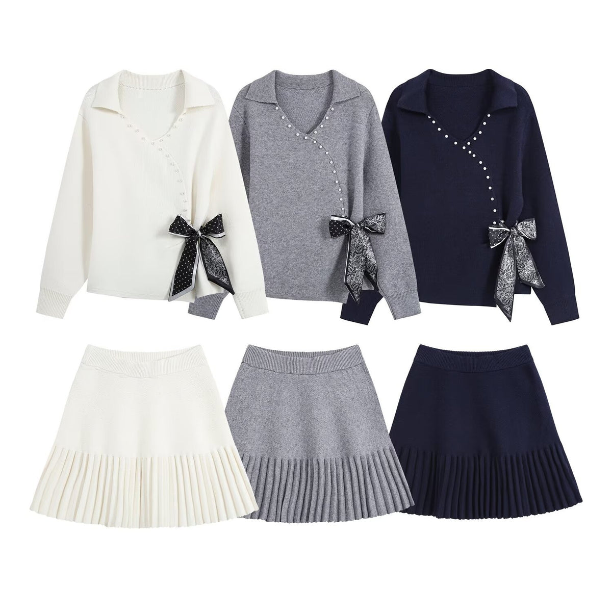 Ladies Two-Piece Fine Knit Set with V-Wrap Top, Bead Trim and Pleated Midi Skirt EVA-US