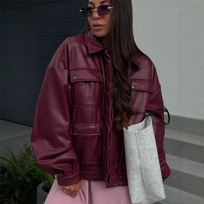 Women Oversize Faux Leather Jacket with Snap Pockets and Elastic Hem EVA-US