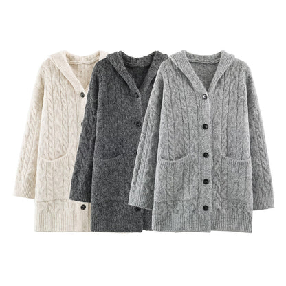Women's Long Knitted Hooded Cardigan with Cable Pattern and Button Placket EVA-US