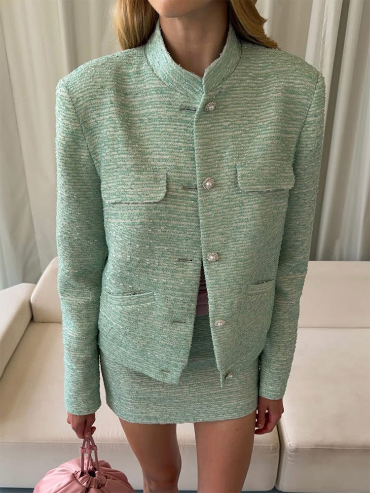 Ladies Tweed Two-Piece Short Jacket and Mini Skirt in Boucle Style EVA-US